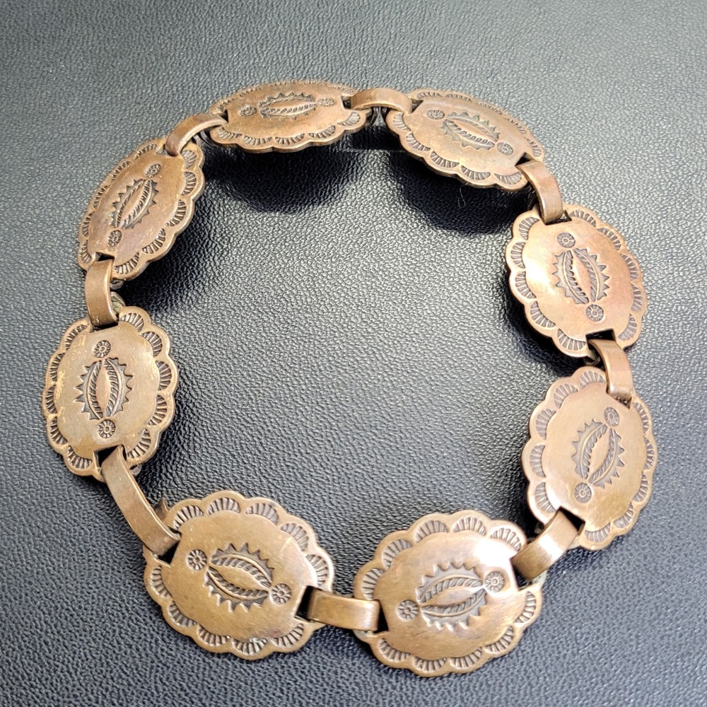 Vintage Southwestern Stamped Copper Concho Link Bracelet 7 In